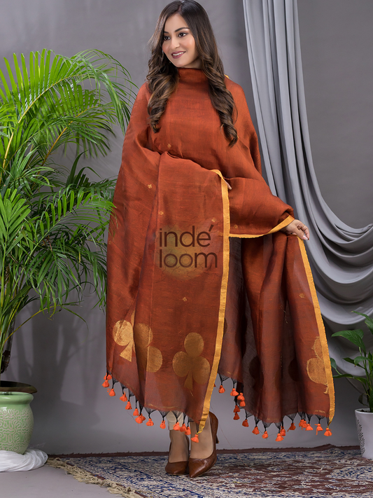 Rust Orange Cotton Linen 2-Piece Set Kurti & Dupatta (UNSTITCHED) - 125