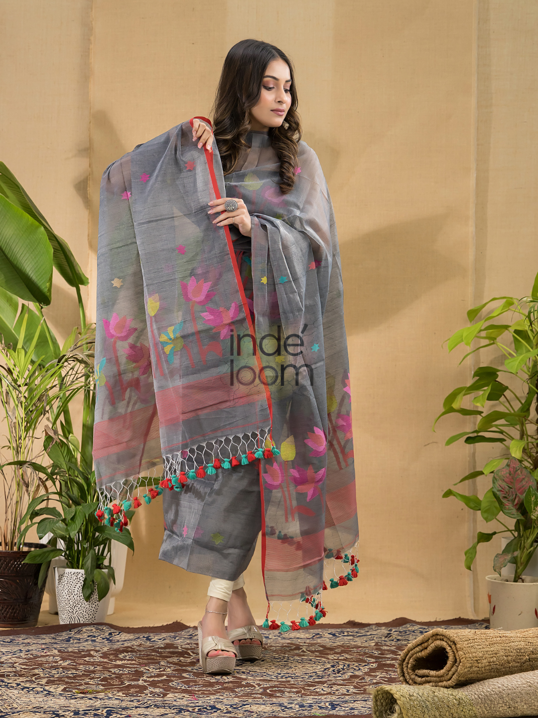 Space Black Jamdani 2-Piece Set Kurti & Dupatta (UNSTITCHED) -733