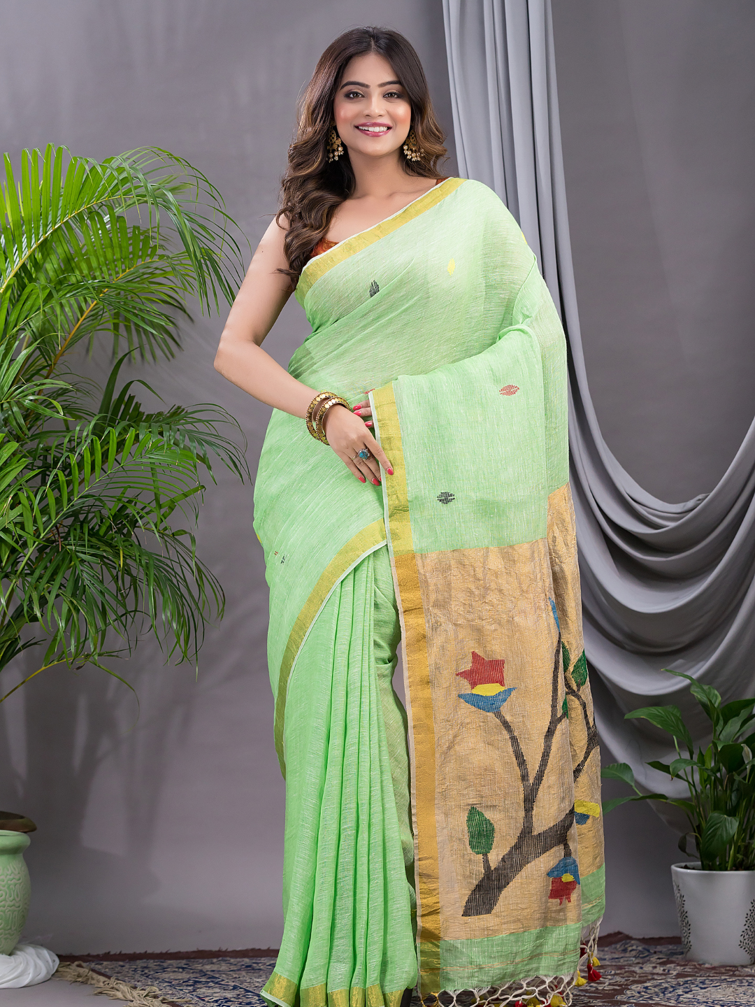 Linen Jamdani Saree With Lime Green - 027
