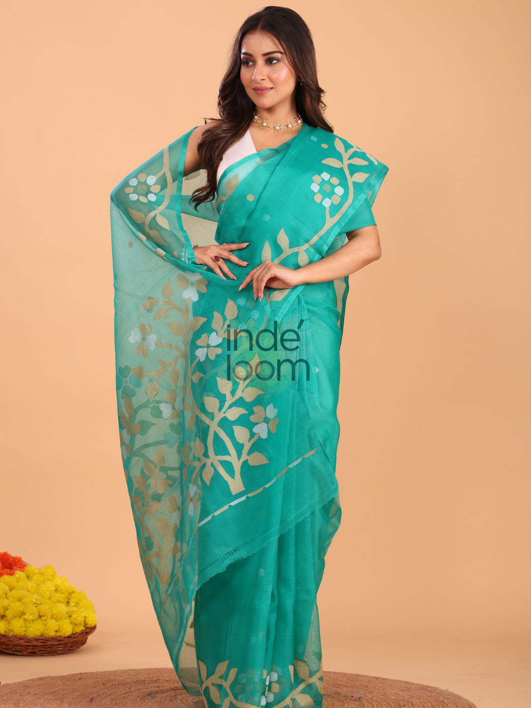 Silk Jamdani Saree With Burgundy Aqua Blue - 156