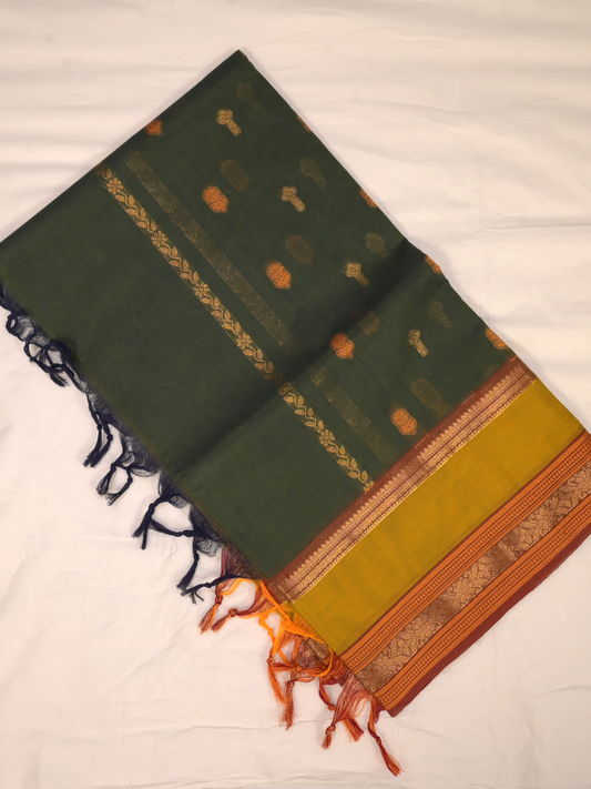 Kanchi Cotton|Green & Leaf yellow/ brown