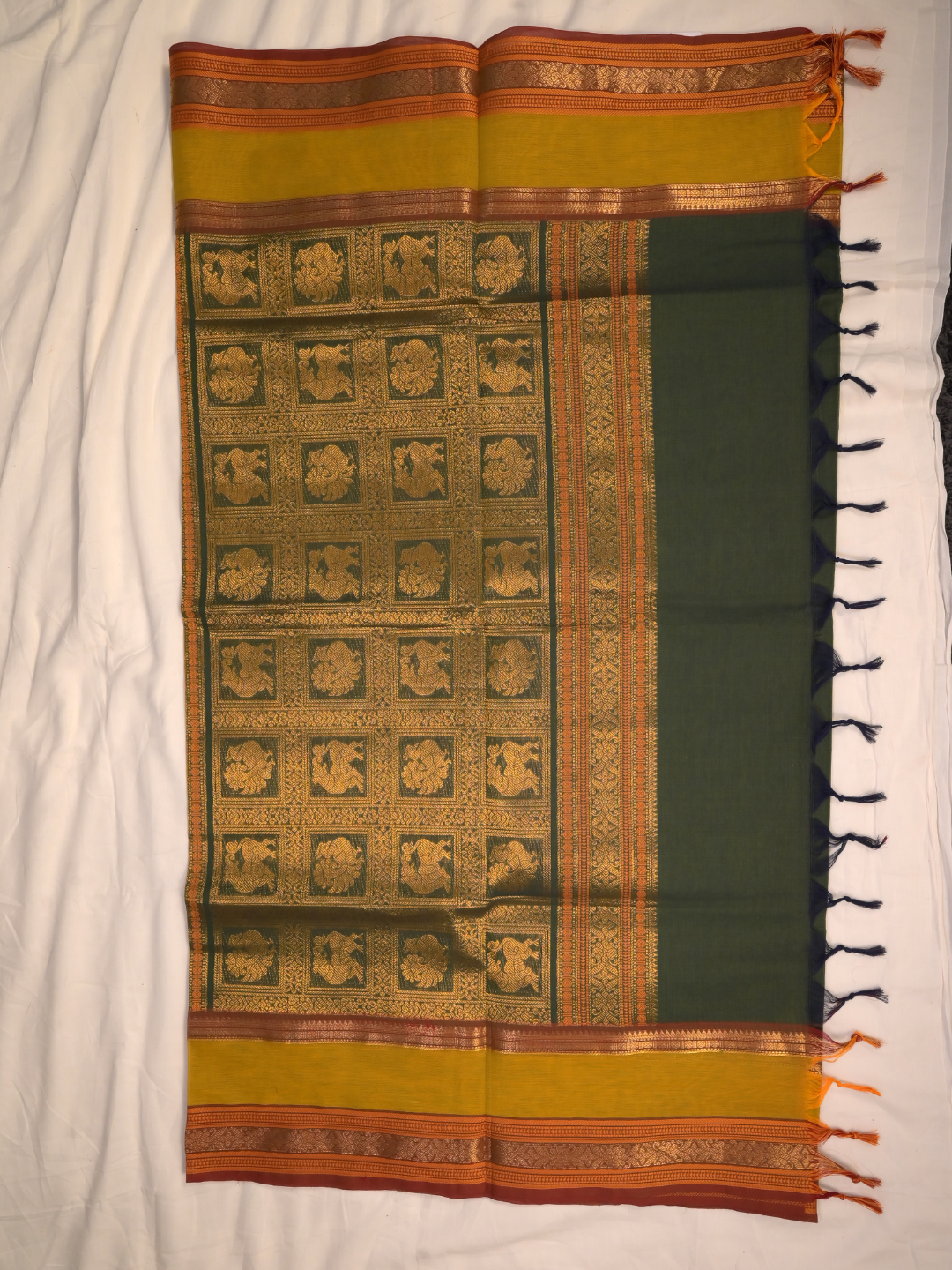 Kanchi Cotton|Green & Leaf yellow/ brown