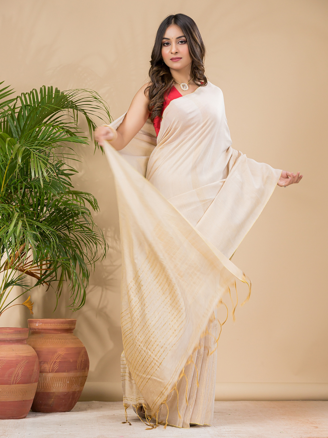 Tissue Linen Handloom Saree With Linen White - 018