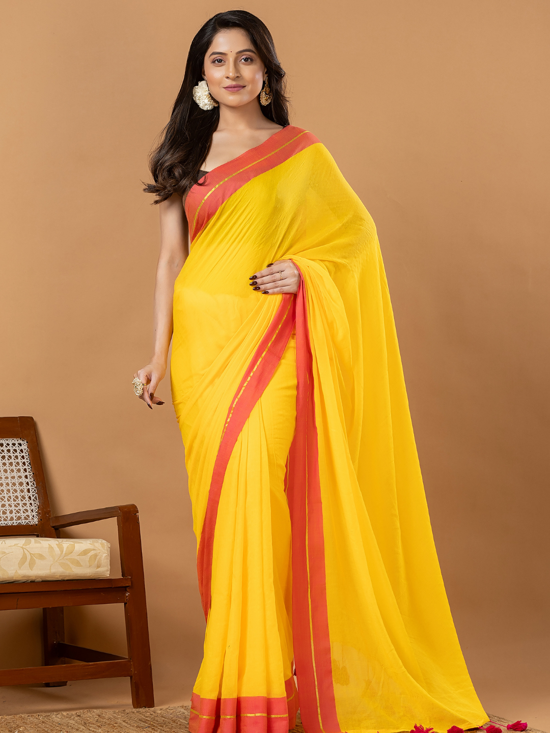 Pure Handloom Mul Cotton Saree | Bright Yellow
