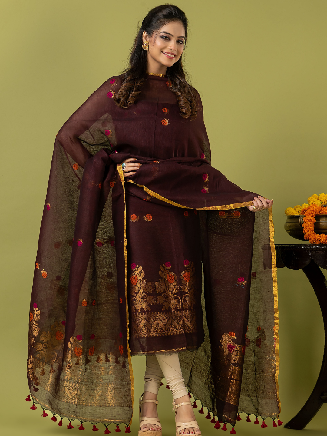 Handwoven Jamdani Linen Unstitched 2-piece Kurti | Dark Chocolate Brown