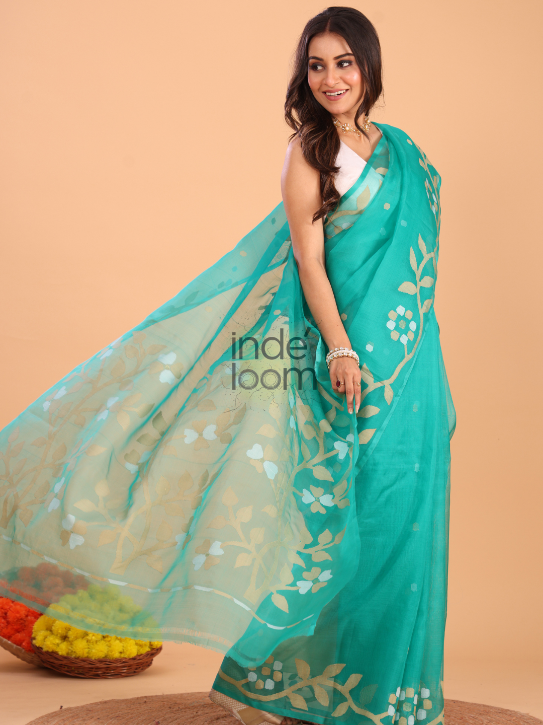 Silk Jamdani Saree With Burgundy Aqua Blue - 156