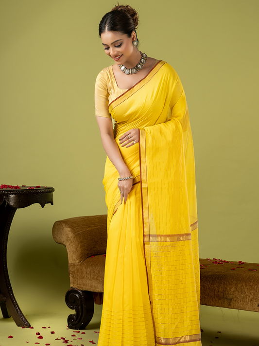 Handwoven Chanderi Silk Cotton Saree | Bright Yellow