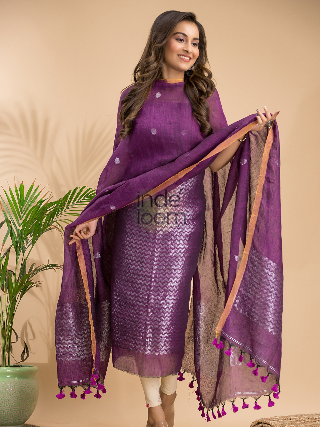 Plum Purple | Handloom Jamdani Linen Unstitched 2-Piece Kurti