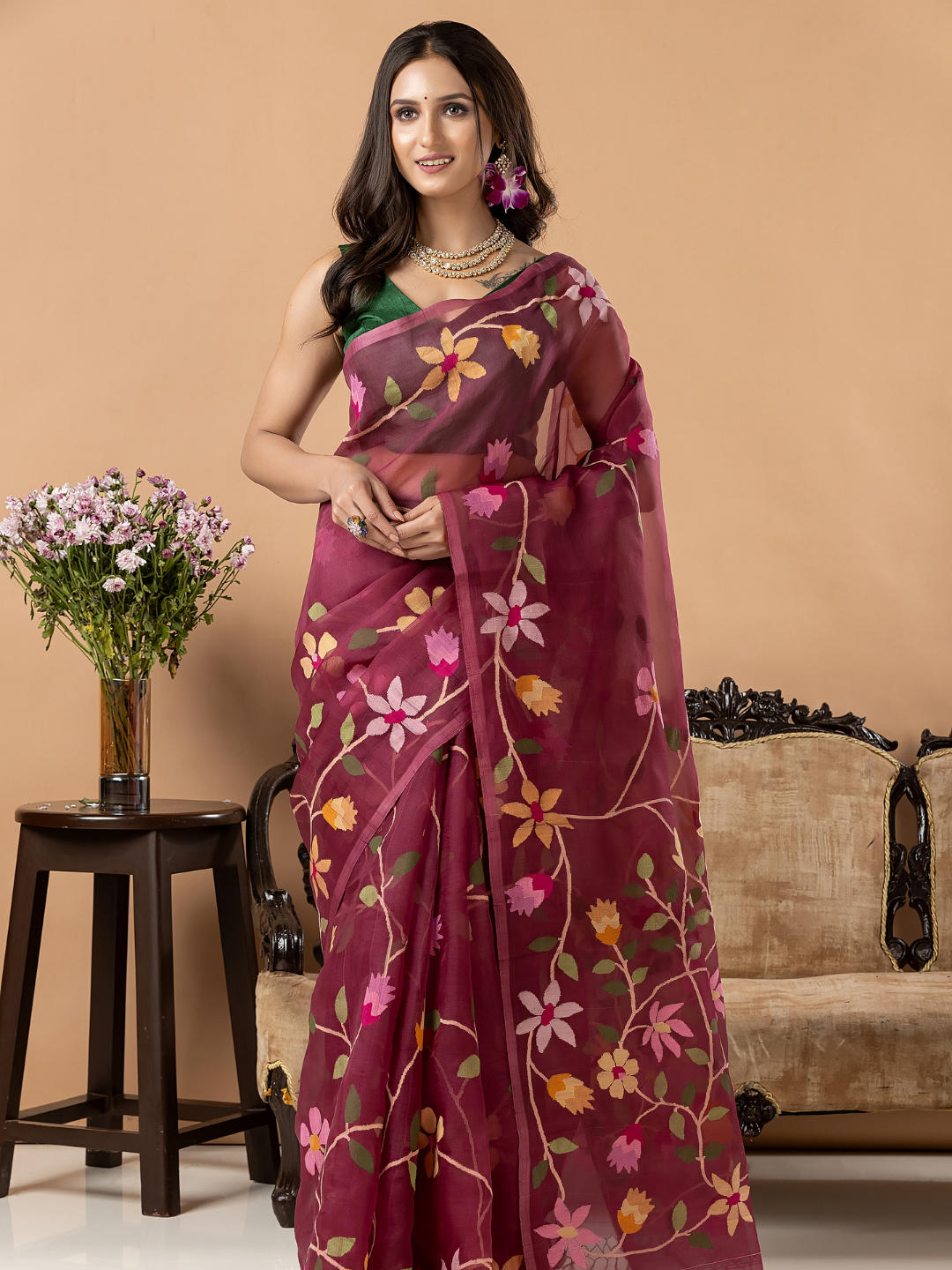Handwoven Jamdani Muslin Silk Saree | Wine Mauve