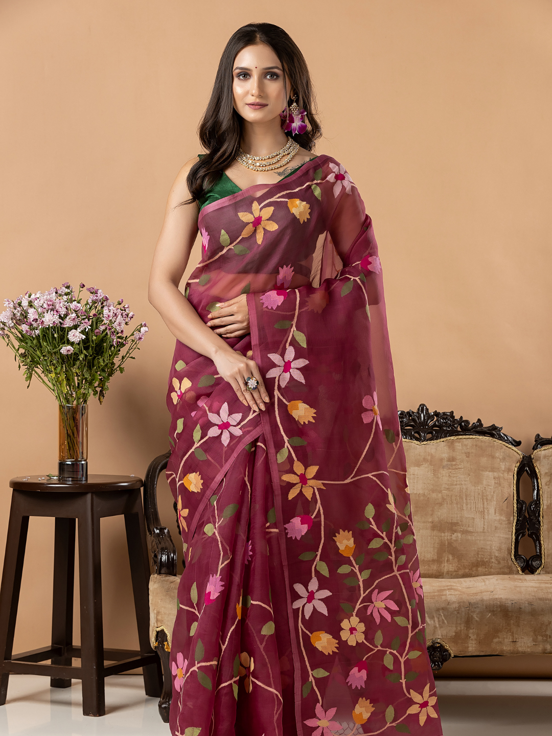 Handwoven Jamdani Muslin Silk Saree | Wine Mauve