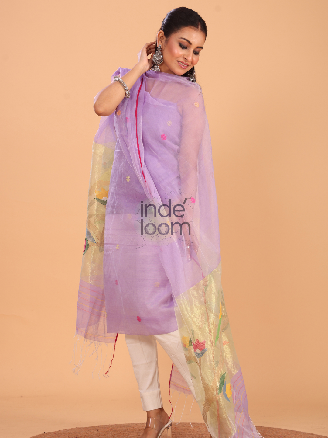 Light Purple Muslin Jamdani 2-Piece Set Kurti & Dupatta (UNSTITCHED) - 081