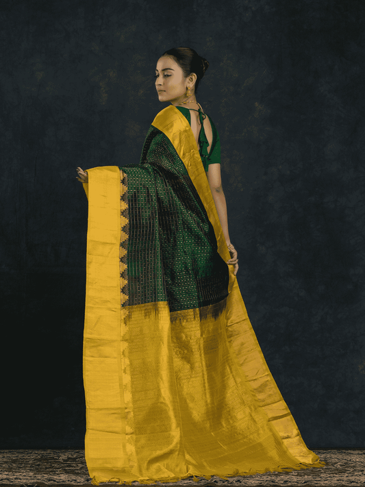 Pure handloom Korvai Silk Cotton Lakshadeepam Saree in Forest Green and Yellow Border - 111