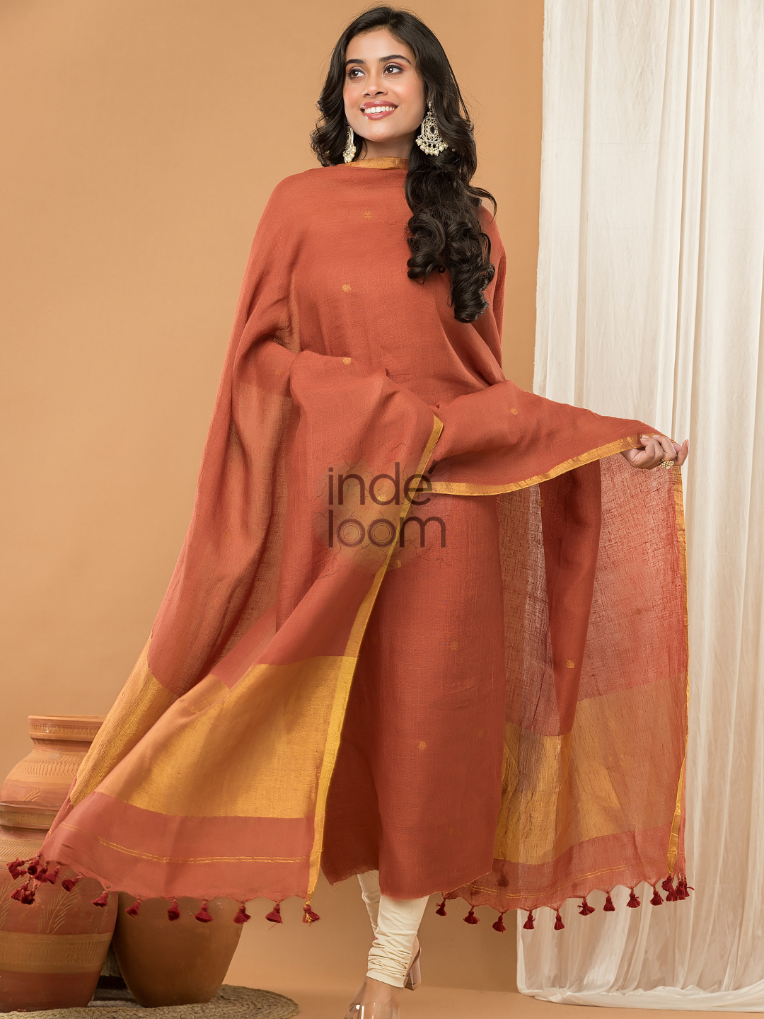 Rust Orange color Jamdani 2-Piece Set Kurti & Dupatta (UNSTITCHED) - 162