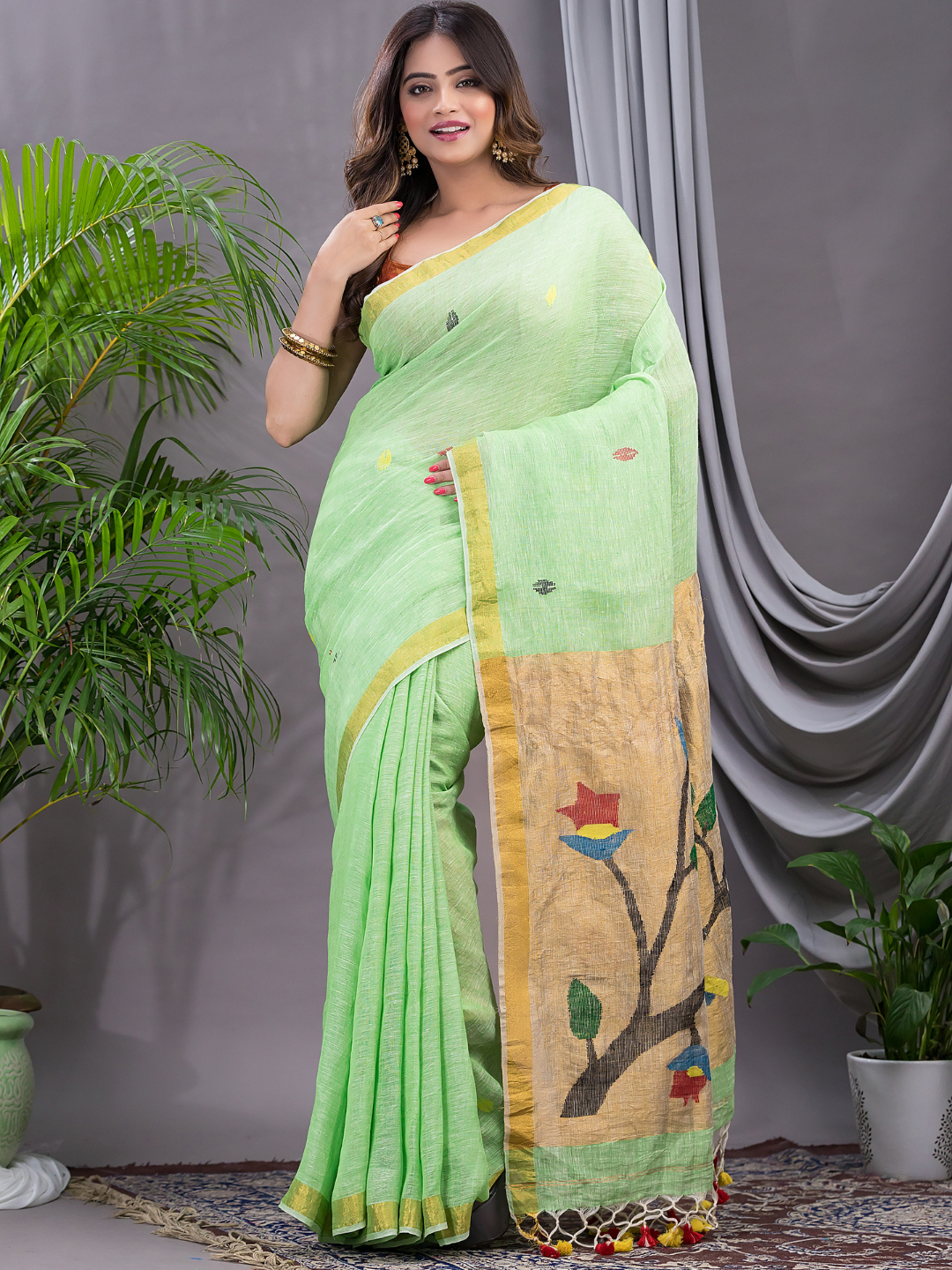 Linen Jamdani Saree With Lime Green - 027