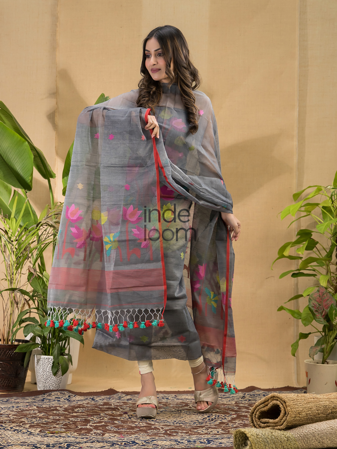 Space Black Jamdani 2-Piece Set Kurti & Dupatta (UNSTITCHED) -733