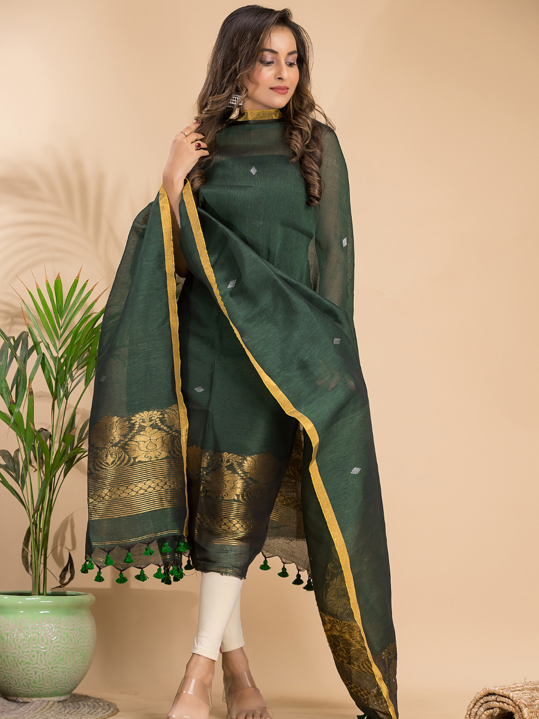 Dark Green Cotton Linen 2-Piece Set Kurti & Dupatta (UNSTITCHED) - 104