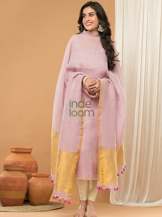Handwoven Jamdani Linen Unstitched 2-piece Kurti  |  Baby Pink