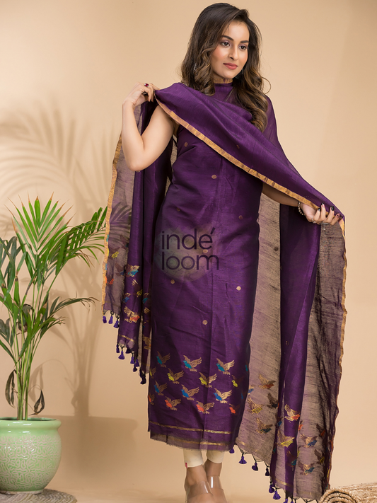 Wine Purple Cotton Linen 2-Piece Set Kurti & Dupatta (UNSTITCHED) - 003