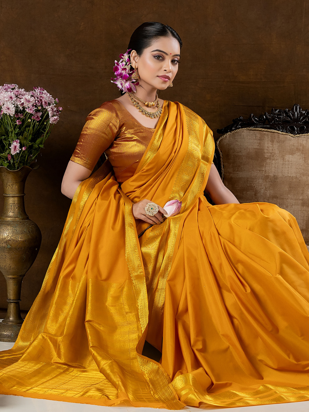 Classic Mysore Semi Silk Saree | Mustard Gold