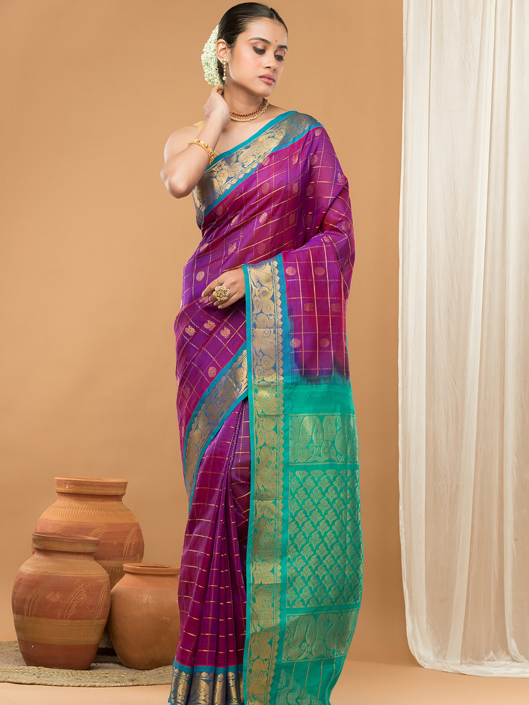 Pure Handloom Korvai Saree | Orchid Purple Cyan Blue