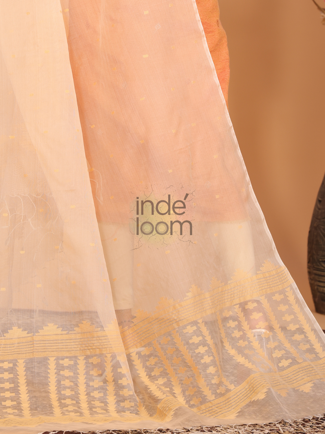 Pure Handloom Muslin Jamdani Dupatta With Linen White  - 005