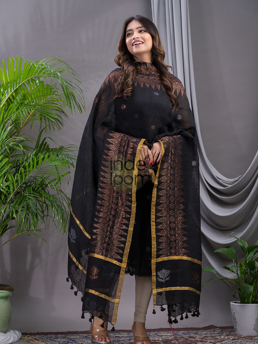 Coal Black Linen X Linen 2-Piece Set Kurti & Dupatta (UNSTITCHED) - 103