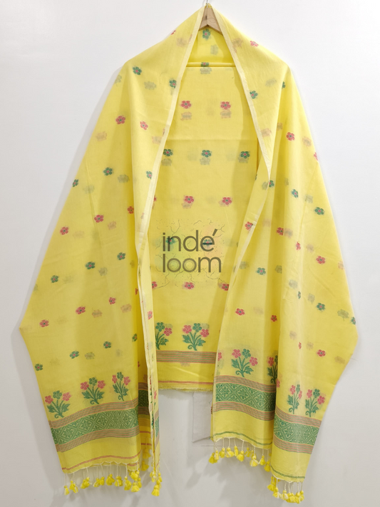 Lime Yellow  Cotton Jamdani 2-Piece Set Kurti & Dupatta (UNSTITCHED) -760