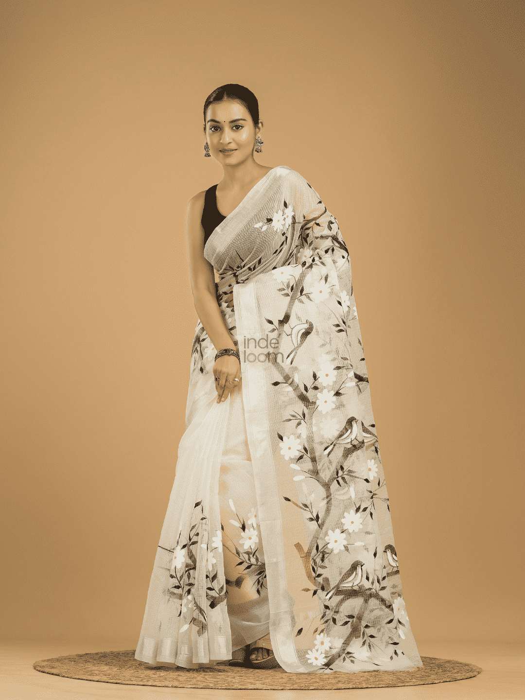Kota Doria Handpainted Saree With Lace White - 003 - indeloom