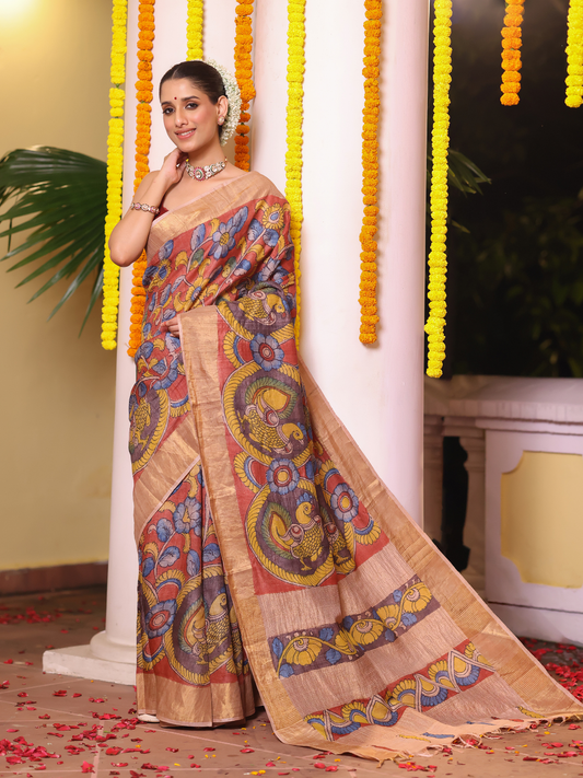 Traditional Handpainted Pen Kalamkari Silk Saree  |  Copper Brown
