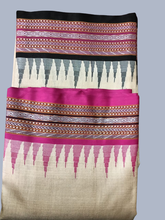 Deep Pink Handloom Vidarbha Tussar Silk Saree with Multicolor Contrast Border -006