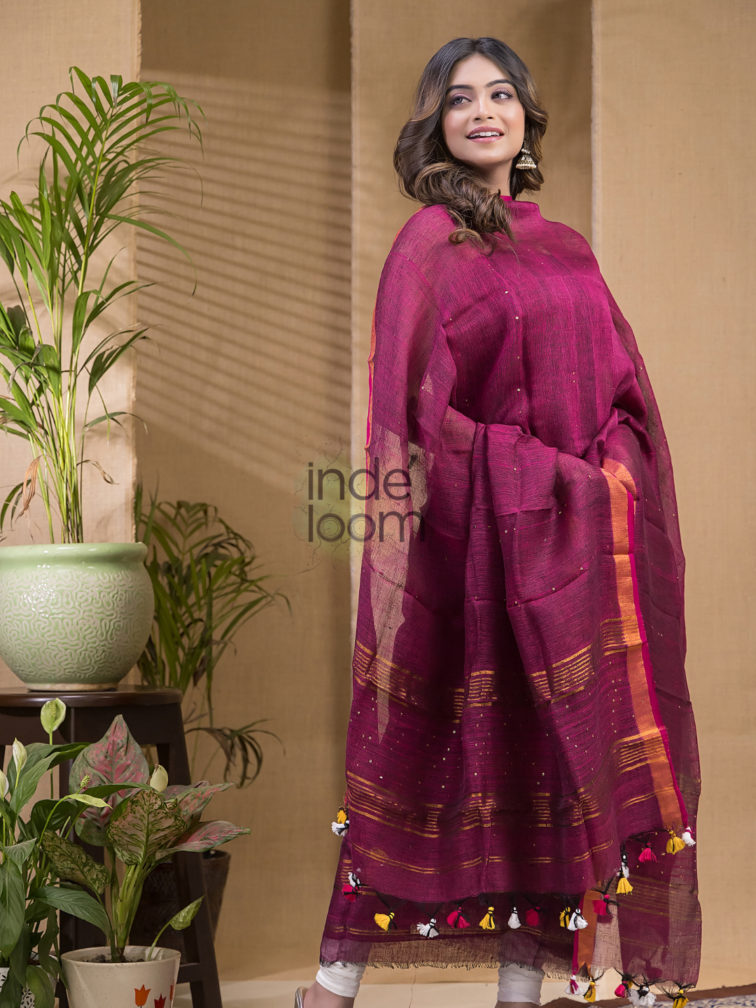 Peach Pink Pure Linen Sequin Suit 2 Piece Set Kurti & Dupatta (UNSTITCHED) -645