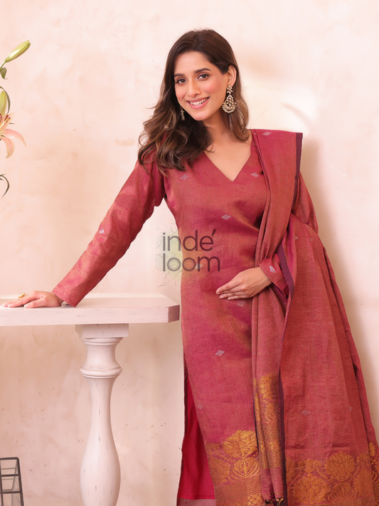Currant Red Cotton Linen 2-Piece Set Kurti & Dupatta (UNSTITCHED) - 304