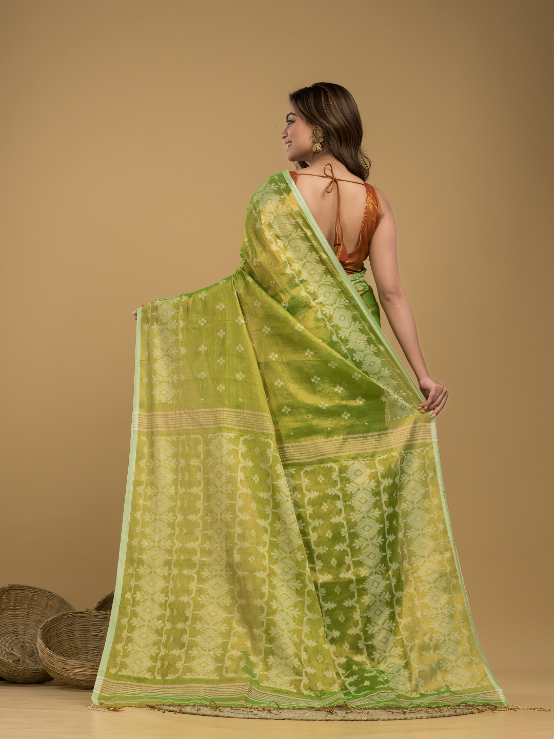 Tissue Silk Jamdani Saree Olive Green -043
