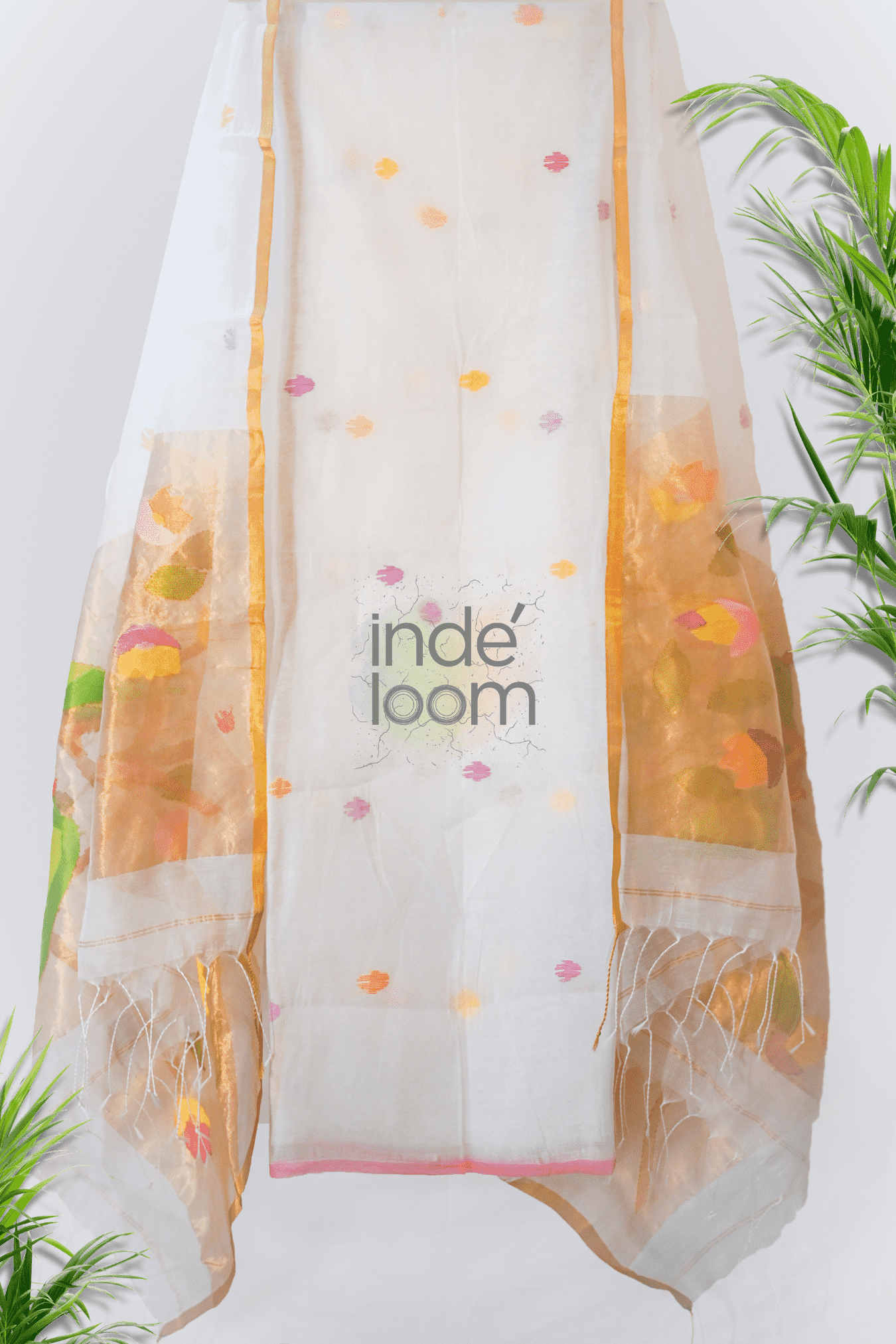 Paithani Muslin Jamdani 2-Piece Set Kurti & Dupatta in Cream White (UNSTITCHED) - 339