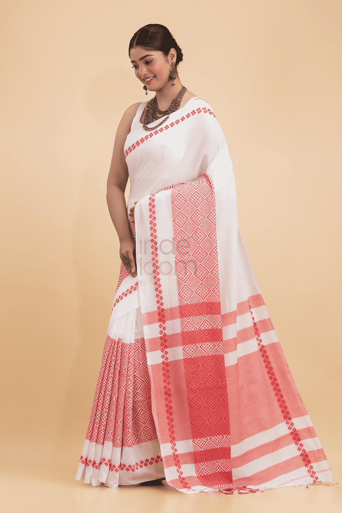 Dewali Saree Handloom Cotton in Red and White Border-003 - indeloom