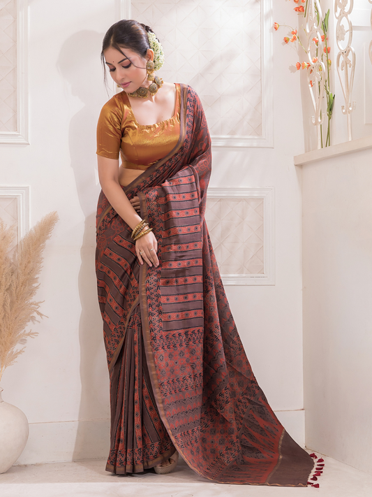 Ajrakh Exclusive Designer Modal Silk in Blood Red -051
