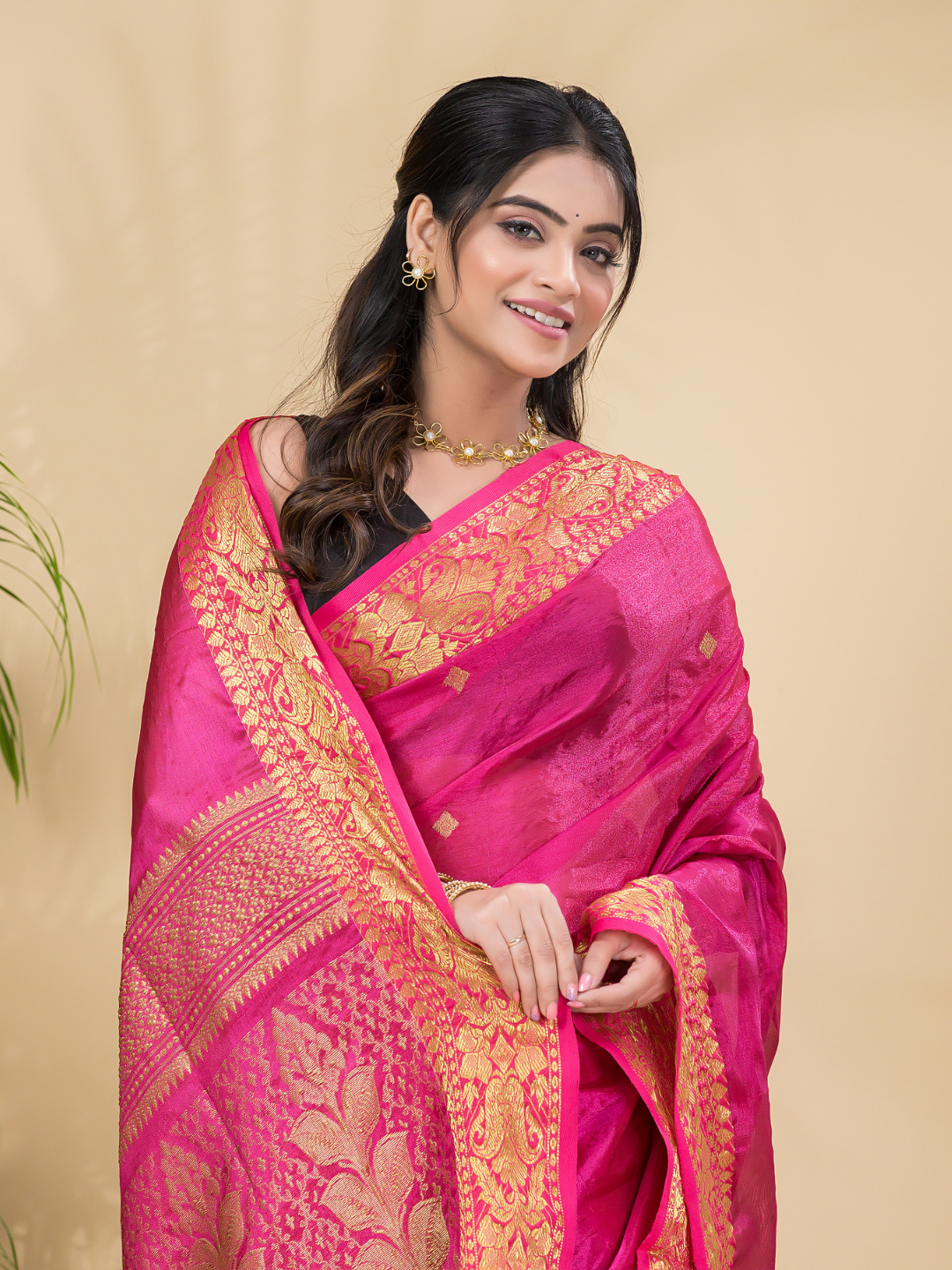Tissue Silk Saree With Hot Pink - 028