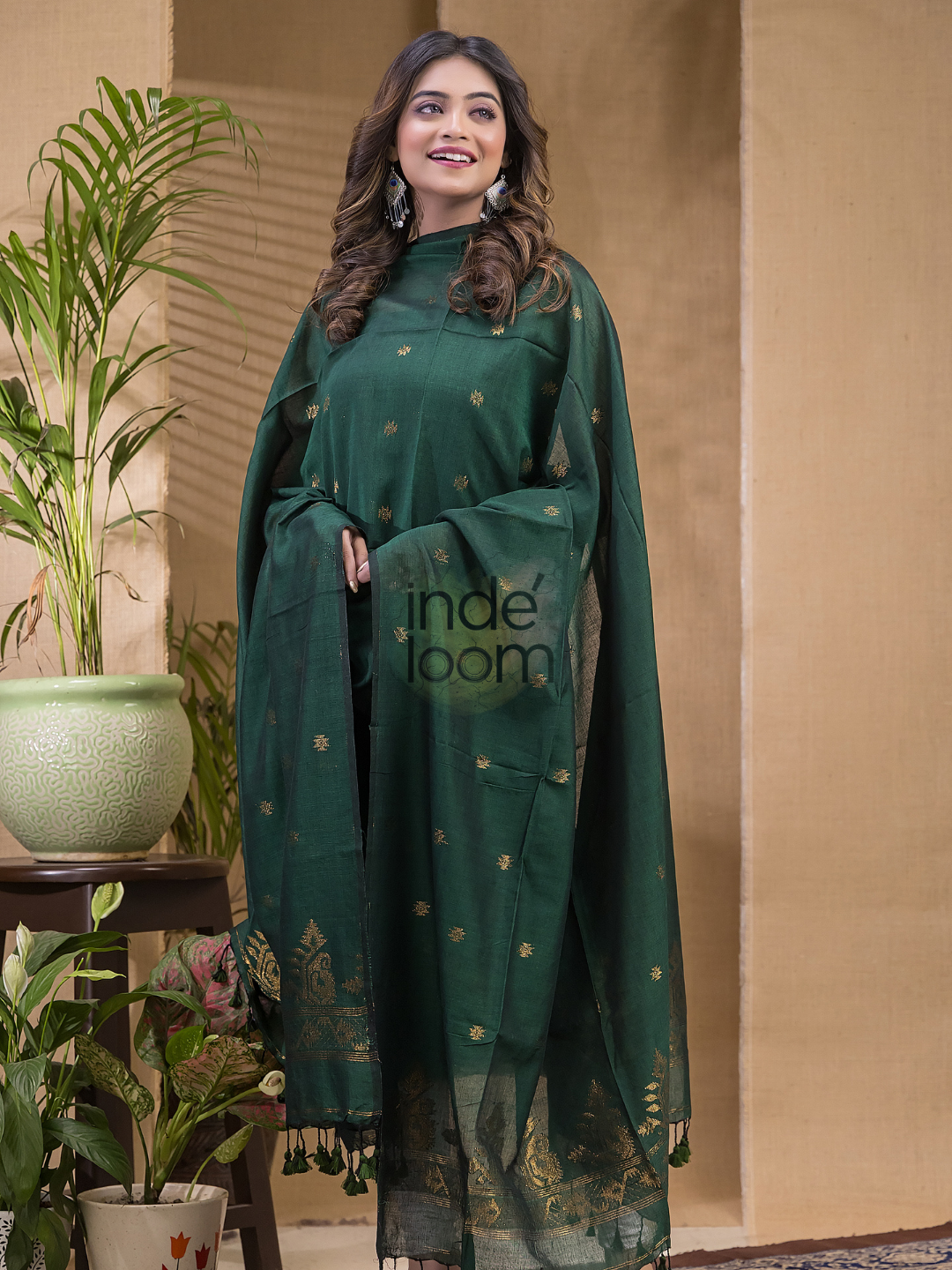 Emerald Green Natural Dye Cotton by Cotton (100 Count Soft Cotton) 2 Piece Set Kurti & Dupatta (UNSTITCHED) -0650