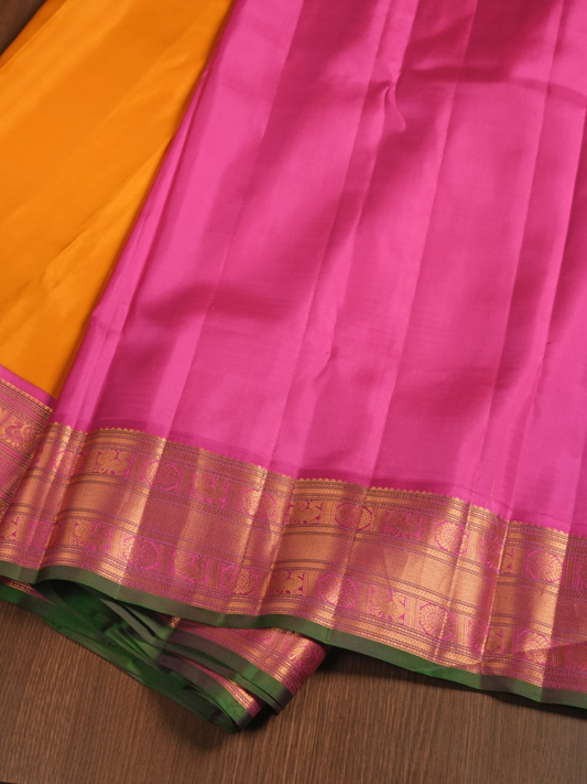 Kanjivaram Saree in Mustard Yellow with pink and gold border
