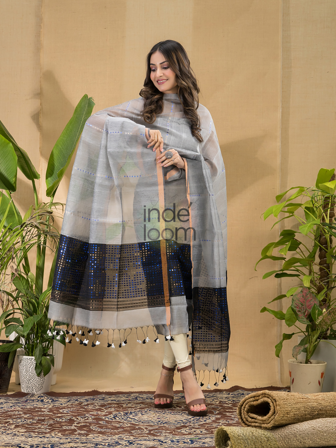 Pigeon Blue Sequin Jamdani 2-Piece Set Kurti & Dupatta (UNSTITCHED) -696