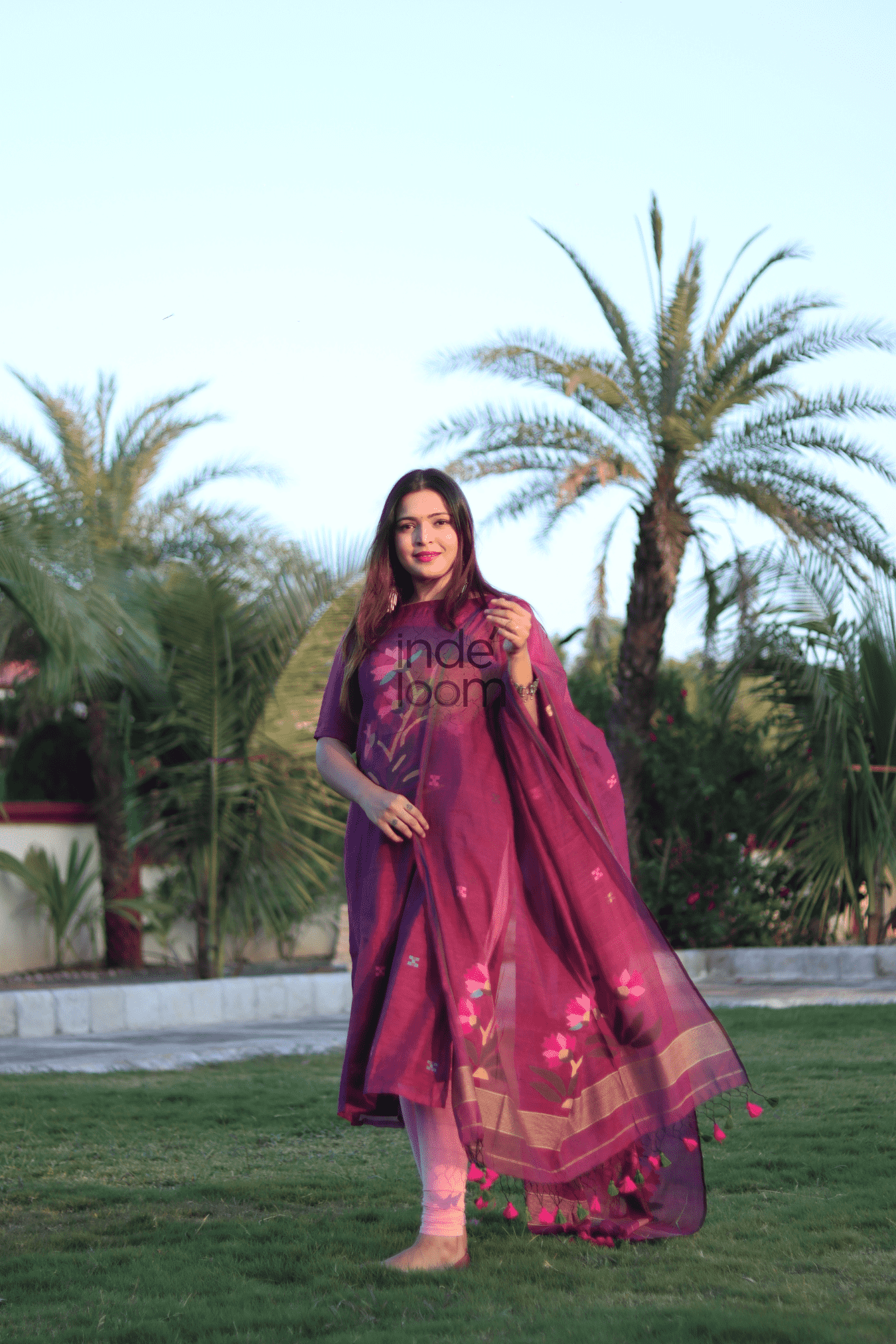 Grape Purple Muslin Jamdani 2-Piece Set Kurti & Dupatta (UNSTITCHED) - 369 - indeloom