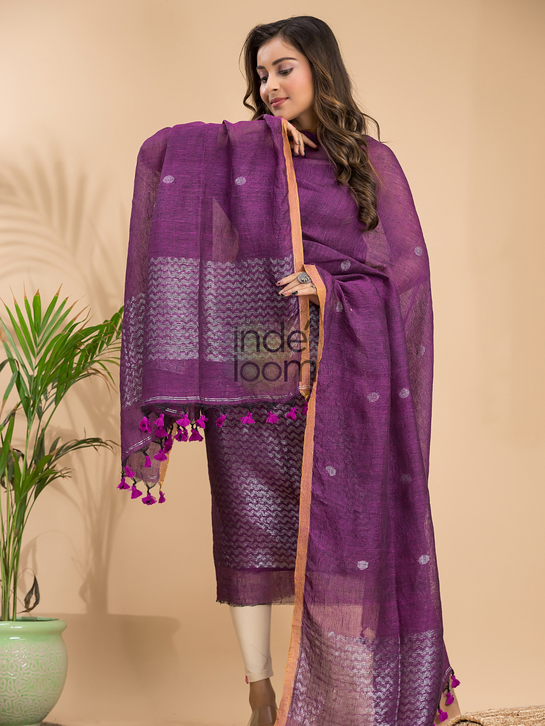 Plum Purple | Handloom Jamdani Linen Unstitched 2-Piece Kurti