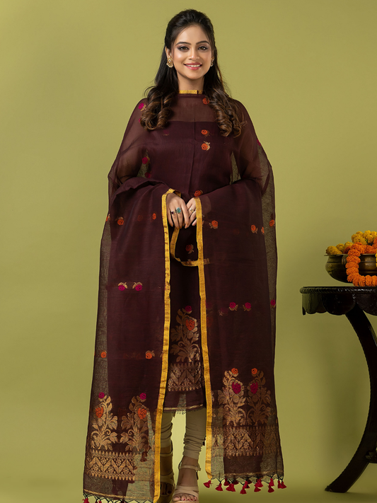 Handwoven Jamdani Linen Unstitched 2-piece Kurti | Dark Chocolate Brown