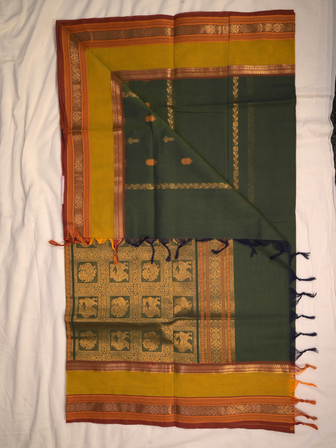 Kanchi Cotton|Green & Leaf yellow/ brown