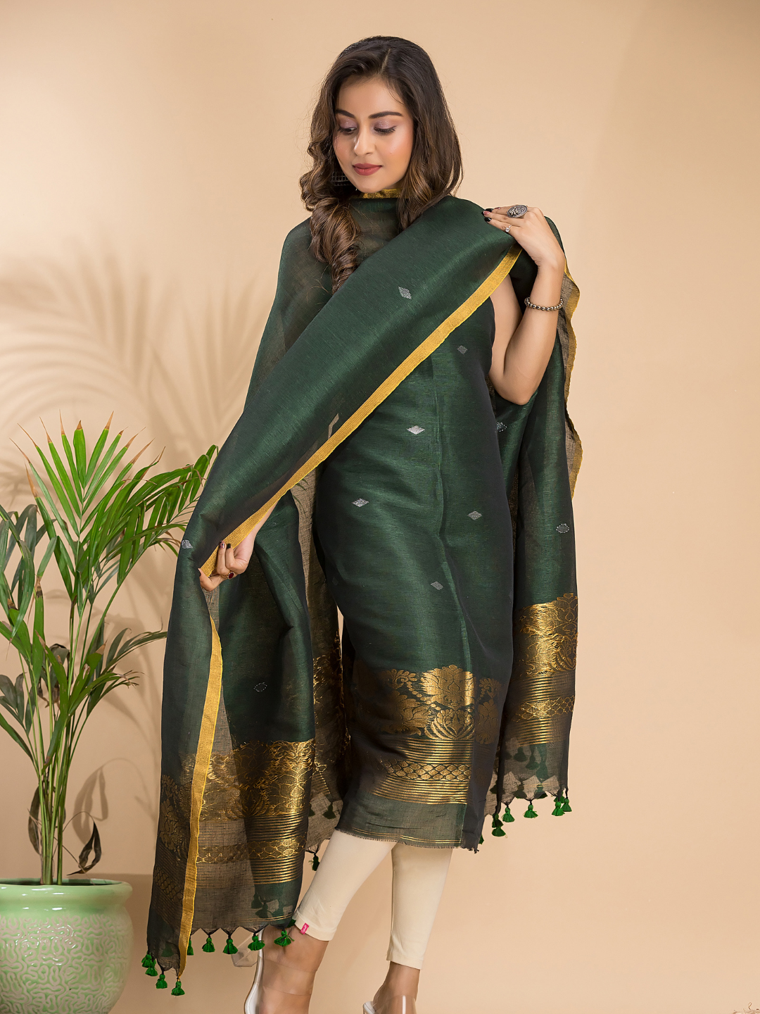 Dark Green Cotton Linen 2-Piece Set Kurti & Dupatta (UNSTITCHED) - 104