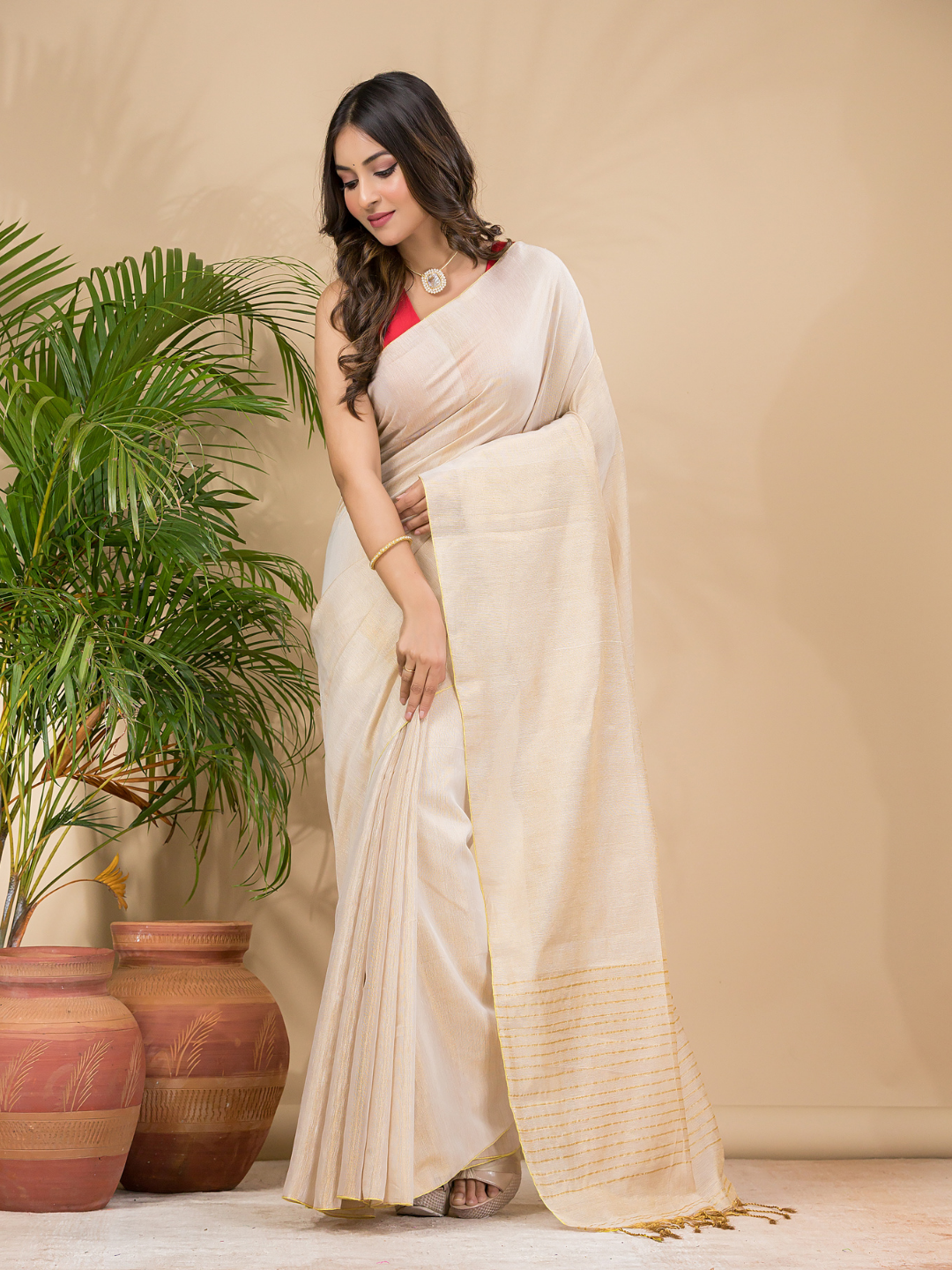 Tissue Linen Handloom Saree With Linen White - 018
