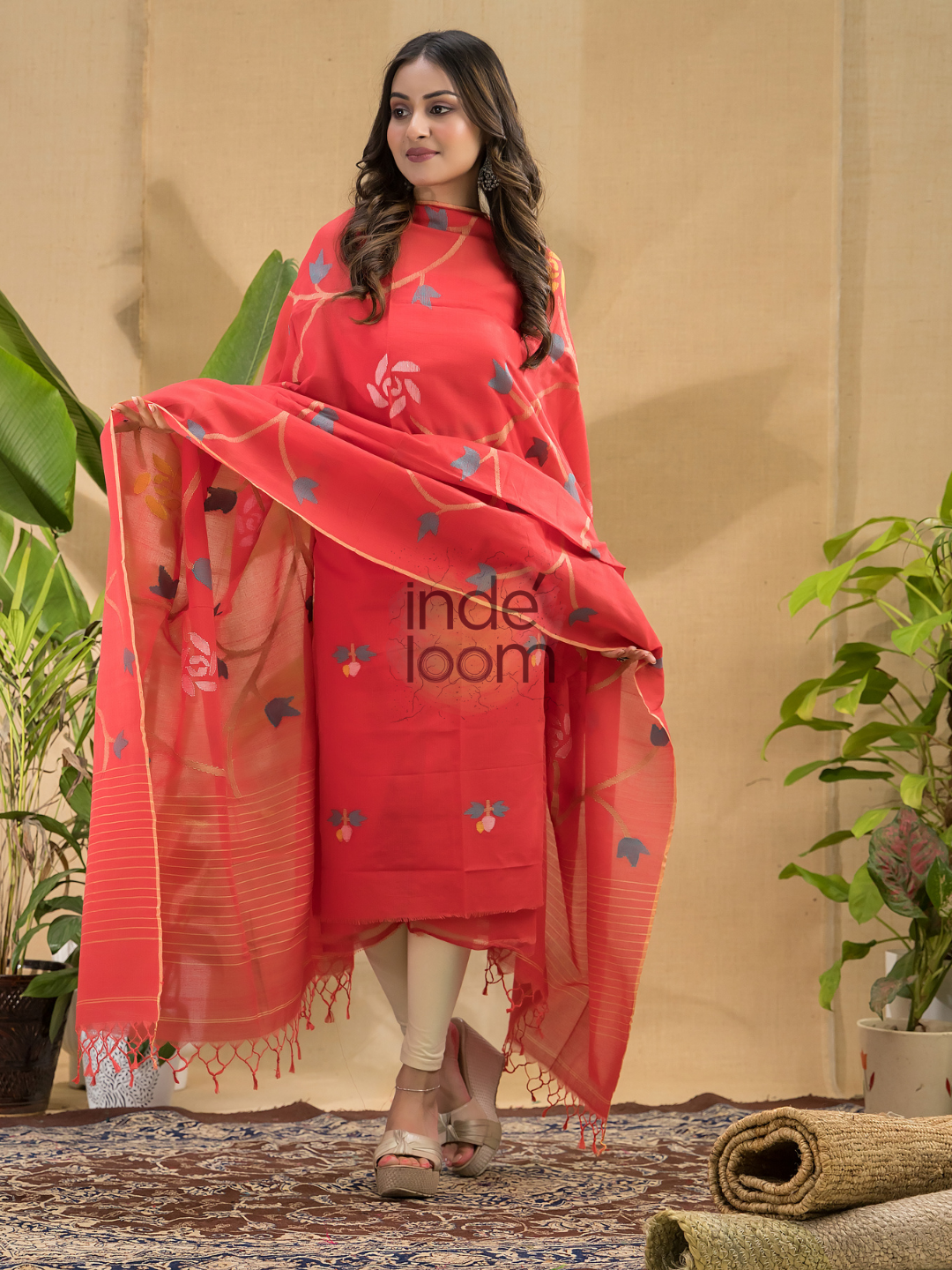 Imperial Red Jamdani 2-Piece Set Kurti & Dupatta (UNSTITCHED) -734