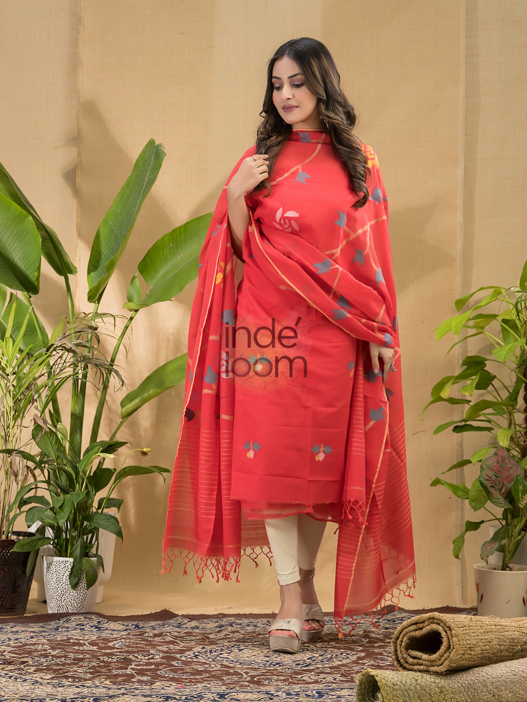 Imperial Red Jamdani 2-Piece Set Kurti & Dupatta (UNSTITCHED) -734