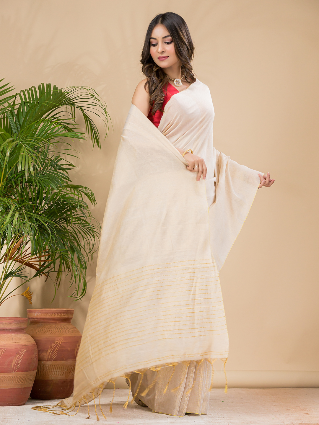 Tissue Linen Handloom Saree With Linen White - 018