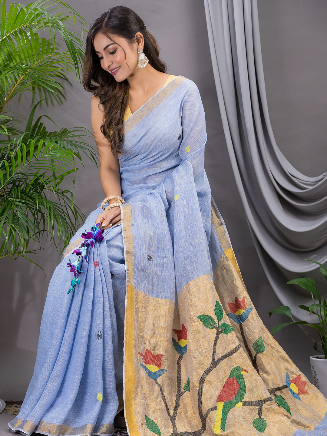 Linen Jamdani Saree With Ocean Blue - 028